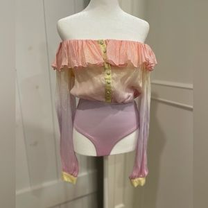 Rococo Sand Pink and Yellow Off-Shoulder Bodysuit